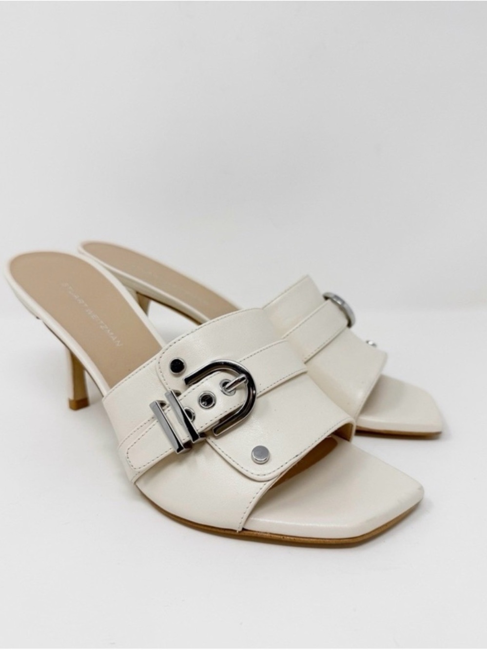 New Stuart Weitzman Maverick 75 Slide Sandal Sz 10 Women’s Cream Buckle
